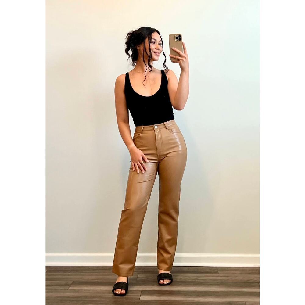 Aritzia Wilfred Leather Pants in Brown Size 4 Zip Fly Straight Leg Pockets - Picture 1 of 3